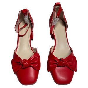 Coutgo Red Small Heels Block Heel Bow on Top Formal Cute Dress Shoes Size 6